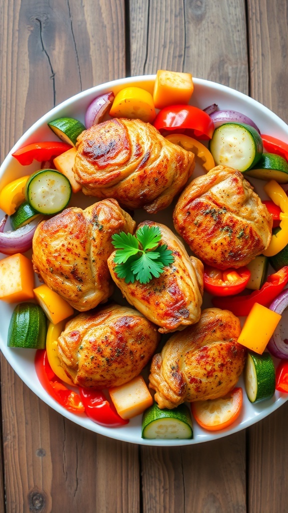 Air-fried chicken thighs with bell peppers, zucchini, and onions on a rustic table.